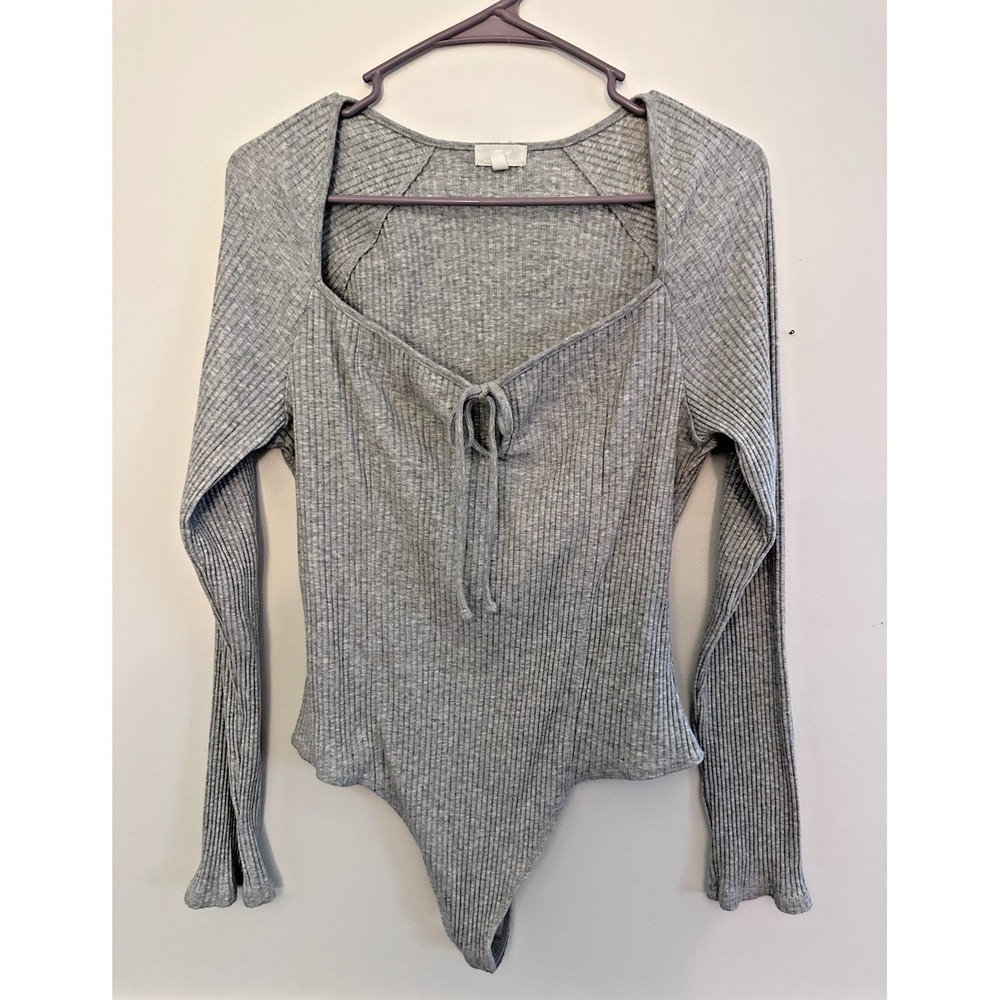 Aerie Top Womens XL Gray Ribbed Bodysuit Long Sleeve Bow Tie Fitted Y2K Milkmaid